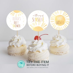 Editable Sunshine Baby Shower Cupcake Toppers | a Little Ray of Sunshine Cake Topper | Sunshine decoration  Digital Template S46