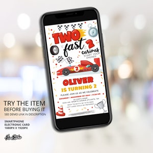 May include: A red and yellow birthday invitation for a boy's second birthday party. The invitation features a cartoon race car with the text "Two Fast Two Curious" and "Oliver is Turning 2".