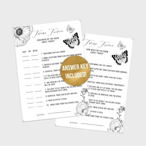Twins Trivia Game Baby Shower, Twin Baby Shower Game, Black And White Baby Shower, Modern Baby Shower Game, Gender Neutral Baby Shower BW9