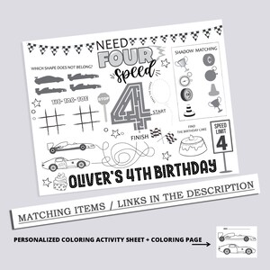 Puede incluir: P&aacute;gina para colorear imprimible en blanco y negro para una fiesta de cumplea&ntilde;os de 4 a&ntilde;os con tem&aacute;tica de coches de carreras. La p&aacute;gina incluye un laberinto, un juego de tres en raya, un juego de emparejamiento de sombras y un t&iacute;tulo "Need Four Speed".