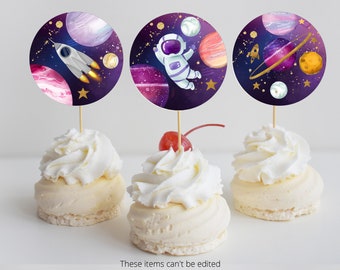 Planet Cupcake Toppers | First Trip Around the Sun Girl 1st Birthday Cupcake Toppers | Pink Gold Galaxy Cupcake Toppers Digital SP