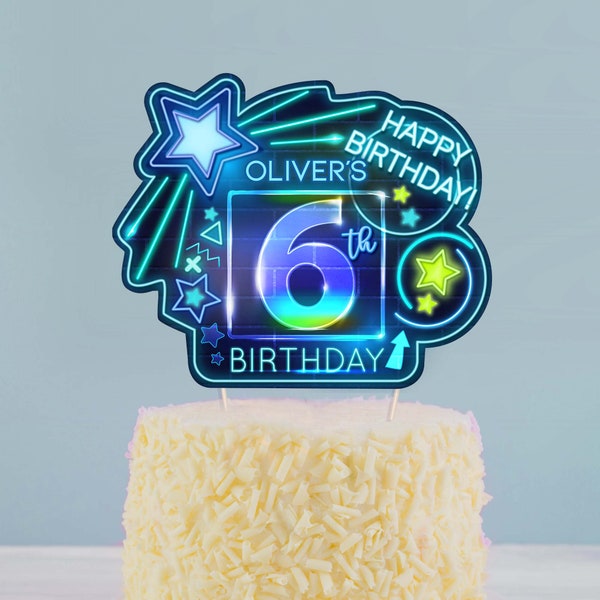 Neon Birthday Decorations Cake Topper Template Boy 6th Birthday Neon Personalized Cake Topper Digital N10