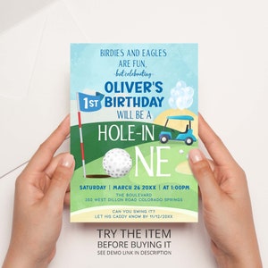 Golf Birthday Invitation, Hole in One Invitation, Golf Party First Birthday Invitation, Hole-in-One Party, Editable invite GF1