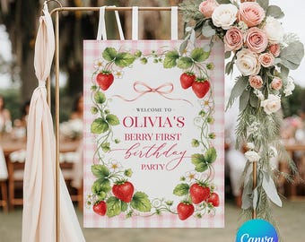 Berry Sweet Birthday Welcome Sign, Strawberry Birthday Welcome Sign, Berry First Birthday Party Decorations, Berry Party Sign SB67
