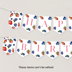 Berry First Birthday Banner: Strawberry Blueberry Party Decor (Digital Download)