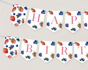 Berry First Birthday Banner: Strawberry Blueberry Party Decor (Digital Download)