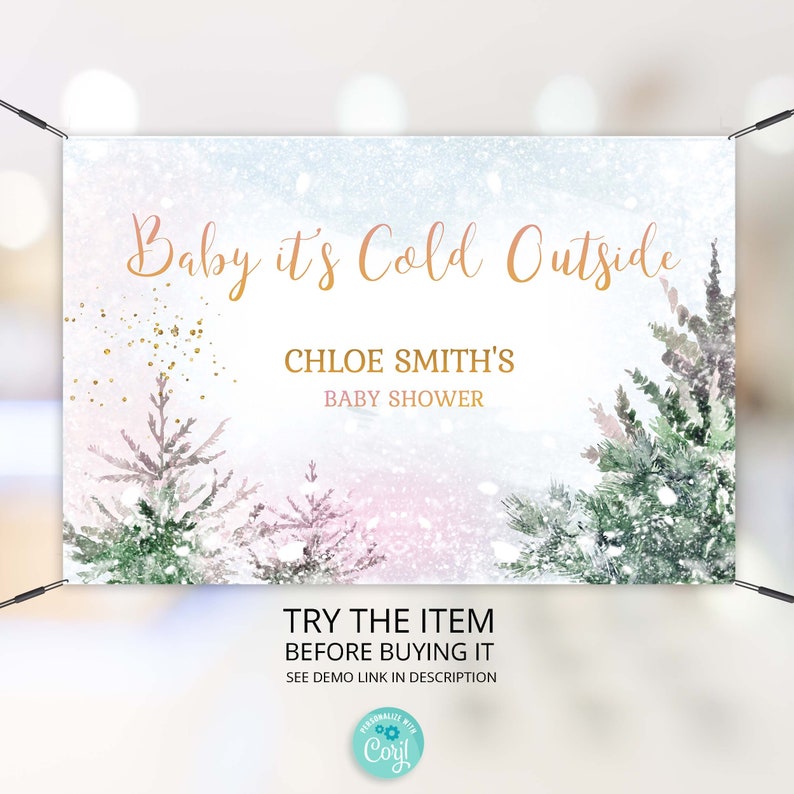 Baby its Cold Outside Baby Shower Editable Backdrop Banner Winter Baby Shower Backdrop Banner Snowy Woodland Baby Shower