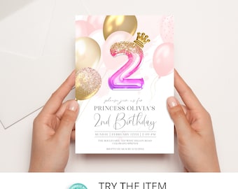 Editable Princess Second Birthday Girl Invitation Template | Little Princess 2nd Birthday Party Invitation, Pink Princess /959