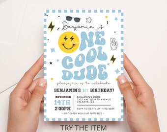 May include: A blue and yellow birthday invitation with the text "Benjamin is One Cool Dude" and a smiley face with sunglasses. The invitation includes the date, time, and location of the party.