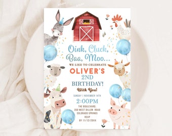 Farm Animals Birthday Invitation, Oink Cluck Baa Moo Invitation, 2nd Birthday Boy Theme, Farm Birthday Party Invite, Barnyard Birthday FA28