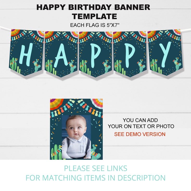 K&ouml;nnte beinhalten: Eine druckbare Happy Birthday Banner-Vorlage mit einem Kaktus- und Konfetti-Motiv. Jede Flagge ist 12,7 cm x 17,8 cm gro&szlig;. Das Banner lautet "HAPPY" in t&uuml;rkisfarbenen Buchstaben. Ein Foto eines kleinen Jungen befindet sich in einem Rahmen mit einem Kaktus- und Konfetti-Motiv.