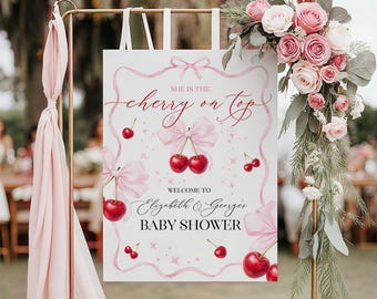 Cherry Baby Shower Welcome Sign: Cherry on Top Baby Shower Decoration, Pink Bow Baby Shower CR4