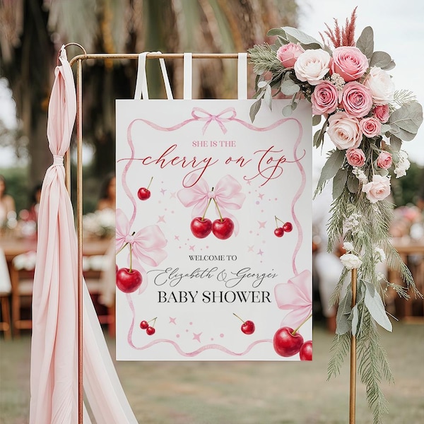 Cherry Baby Shower Welcome Sign: Cherry on Top Baby Shower Decoration, Pink Bow Baby Shower CR4