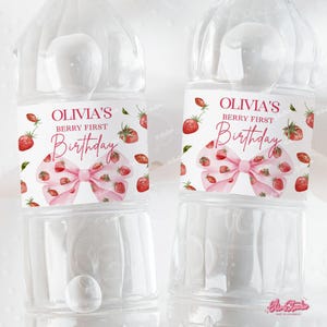 Strawberry Birthday Water Bottle Label, Berry First Birthday Bottle Sticker, Bow First Birthday SB31