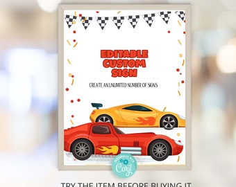 Editable Custom Sign Race Cars Birthday Two Fast Two Curious Party Custom Sign Template Corjl Birthday Decoration CA15