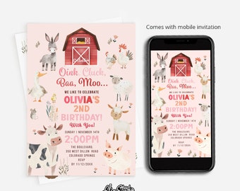 Farm Animals Birthday Invitations, Oink Cluck Baa Moo Invitations, 2nd Birthday Girl Theme, Farm Birthday Party Invites, Girl Birthday FA21