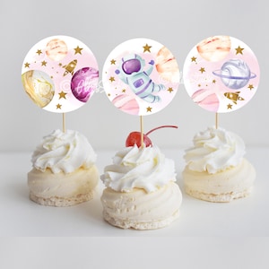 Pink Space Birthday Cupcake Toppers, 1st Birthday Girl Cake Toppers, First Trip Around The Sun Birthday, Birthday Girl Party Cupcakes SP472
