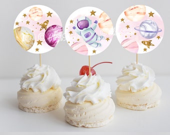 Rosa Geburtstag Cupcake Toppers, Geburtstag Mädchen Kuchen Topper, Erste Reise um die Sonne Geburtstag, Geburtstag Mädchen Party Cupcakes SP472