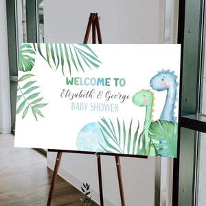 Dinosaur Baby Shower Welcome Sign Template, Couples Baby Shower Editable Welcome Sign, Greenery Boho Dinosaur Baby Shower Decor Corjl DB7