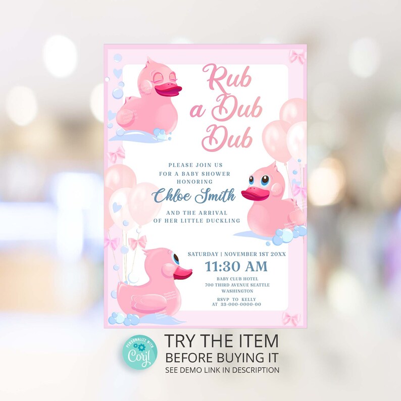 Pink Rubber Duck Baby Shower Invite Digital Printable DUCK Baby Shower Invitation Rub a Dub Dub Baby Shower 125
