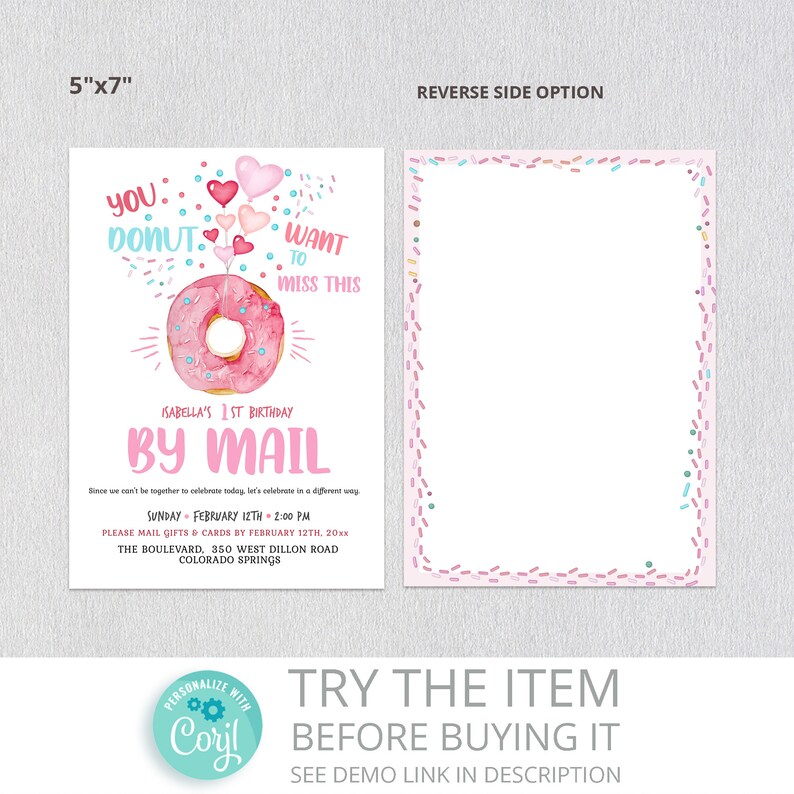 Editable Donut Birthday by Mail Invitation First Birthday 1st by Mail Invitation 100 Sprinkle by Mail Invitation