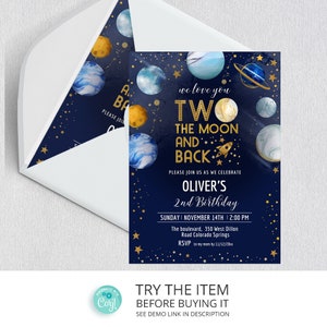 Editable Two the Moon Birthday Invitation | 2nd Birthday Space Party Invitation | Galaxy Birthday Second Birthday Invite SP347