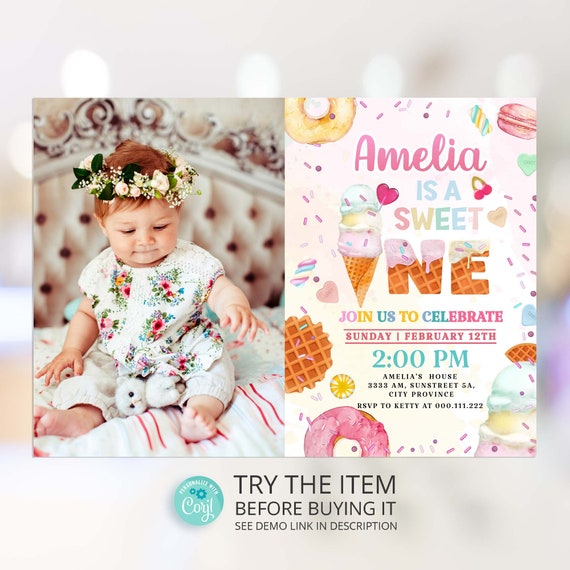 Sweet One Birthday Invitation With Photo Ice Cream Party Etsy