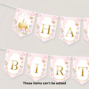 Little Princess Happy Birthday Banner, Birthday Girl Bunting Banner Princess Birthday Party Decor Happy Birthday Digital Template Corjl PR46