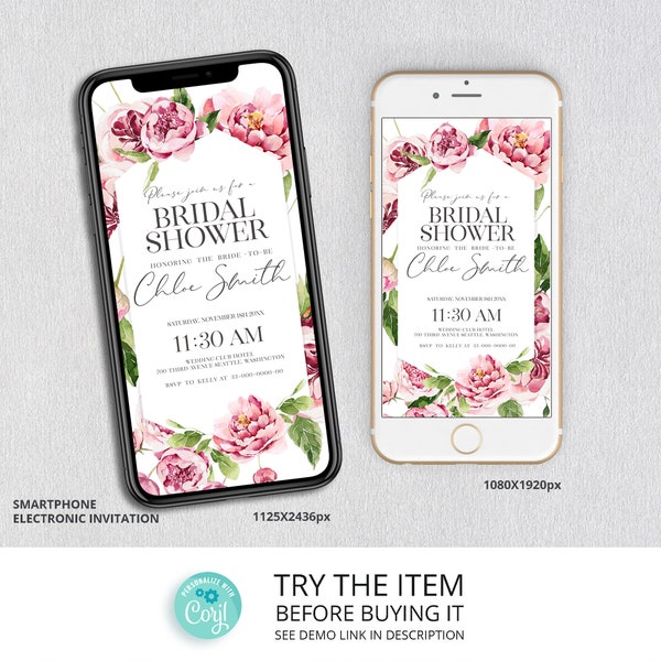 Floral, Peony Bridal Shower Editable Smartphone Electronic Invitation | Peony Watercolor Bridal brunch Phone Invitation  /630