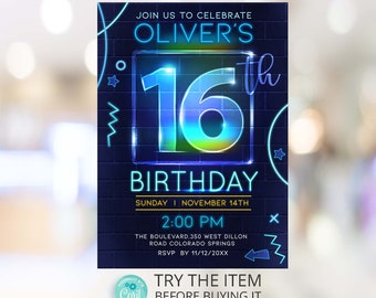 16th Birthday Boys Neon Birthday Invitation Template Boy 16th Birthday Invitation Neon Glow Party Invite NP16