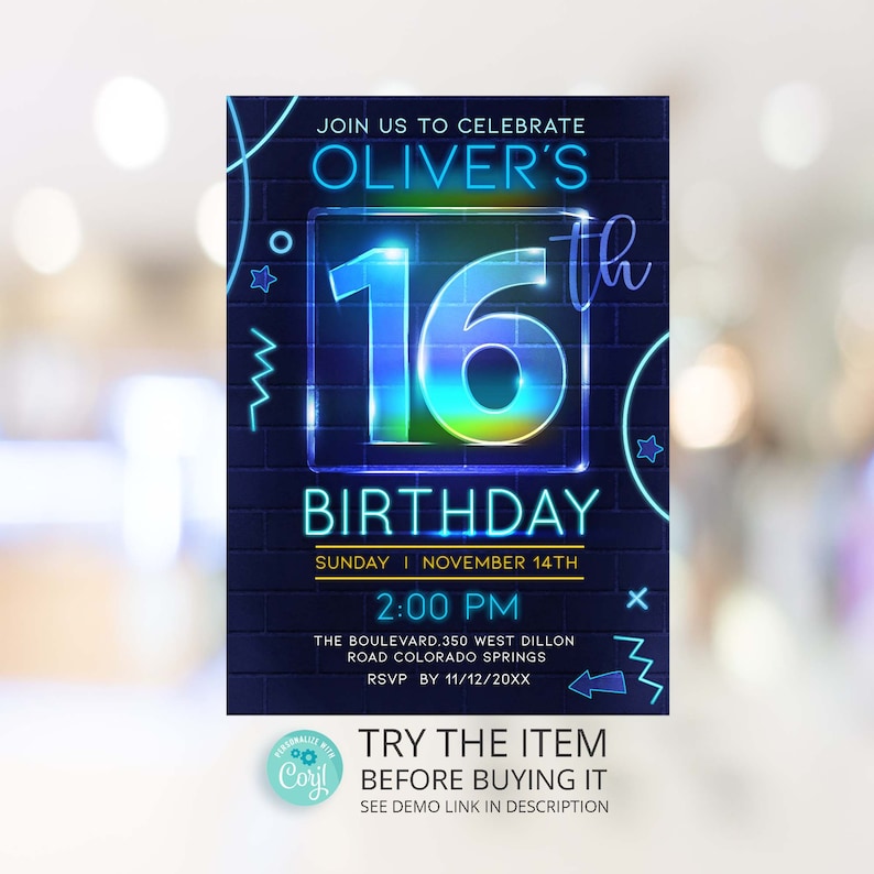 16th Birthday Boys Neon Birthday Invitation Template Boy 16th Etsy