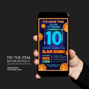 May include: A digital invitation for a basketball-themed birthday party. The invitation features a blue and orange basketball design with the text "It's Game Time Oliver is Turning 10" and "Slam Dunk!" The invitation also includes the date and time of the party, the location, and an RSVP request.
