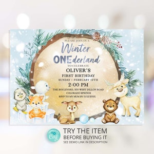 Winter Onederland Birthday Invitation Template Woodland Animals | Snowy Winter Onederland Boy First Birthday Invite WO17