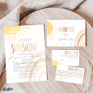 Boho Sun and Rainbow Baby Shower Invitation Set a Little Ray of Sunshine Baby Shower Invite Bundle Digital Template Instant Download RB2