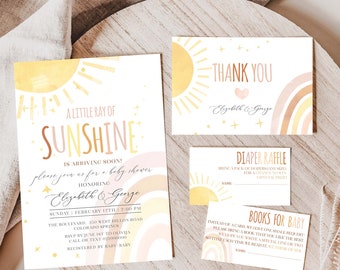 Boho Sun and Rainbow Baby Shower Invitation Set a Little Ray of Sunshine Baby Shower Invite Bundle Digital Template Instant Download RB2