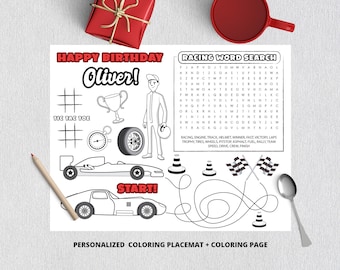 Editable Racing Car Party Personalized Placemats for Kids  with a coloring page | Cars Birthday Placemats Template Two Fast CA6