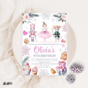 Editable Winter Birthday Nutcracker Invitation Girl Land of Sweets Invite Winter Girl Sugar Plum Fairy Silver Snowflake Invitation W255