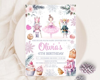 Winter Geburtstag Nussknacker Einladung Mädchen Land der Süßigkeiten einladen Winter Mädchen Zuckerfee Fee Silber Schneeflocke Einladung W255