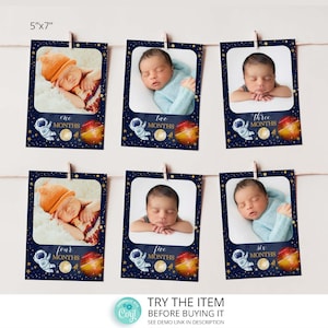 Puede incluir: Seis tarjetas de fotos de 13x18 cm con temática espacial. Cada tarjeta presenta un bebé en una pose diferente, con una ilustración de temática espacial y el número de meses que tiene el bebé. Las tarjetas están diseñadas para ser utilizadas como tarjetas de fotos mensuales para bebés.