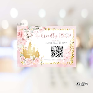 Bewerkbare RSVP-verjaardagskaart Little Princess Roze en gouden kasteel RSVP-sjabloon Royal Princess Birthday Party RSVP QR-codekaart downloaden PR65