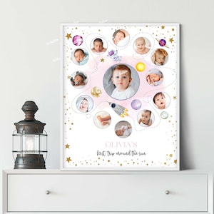 Erster Flug um die Sonne druckbare Babys erstes Jahr Foto Poster Vorlage, Baby Meilensteintafel Fotocollage rosa Geburtstag SP475