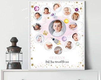 Primo volo intorno al sole Modello di poster fotografico stampabile per il primo anno del bambino, collage fotografico per la lavagna delle tappe fondamentali del bambino, compleanno rosa spaziale SP475
