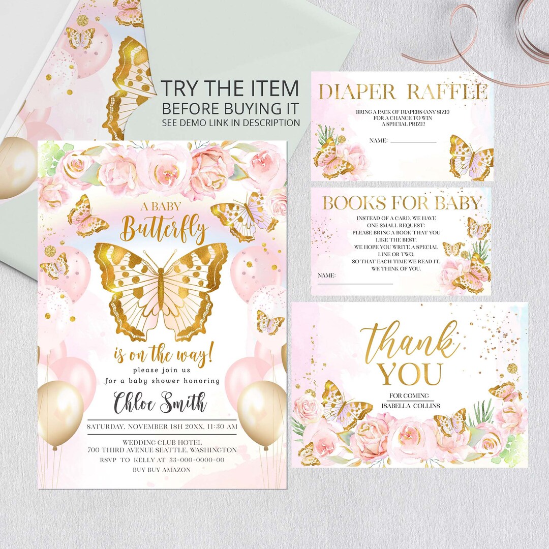Butterfly Baby Shower Invitation Set Editable | Pastel Pink Gold Baby ...