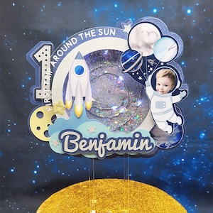 First Trip Around The Sun Cake Topper Personalized With Photo, Name, Lights Space 1st Birthday Cake Topper Space Party Decor Astronaut AA17