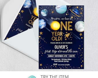 Editable Space Birthday Invitation First Trip Around The Sun | Space Birthday Party Invitation | Galaxy First Birthday Invite SP294