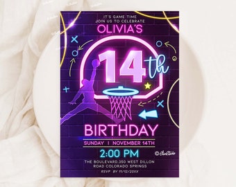 May include: Neon pink and blue basketball themed birthday invitation for a 14th birthday party. The invitation features a basketball hoop with a basketball player dunking the ball. The text reads "It's game time, join us to celebrate Olivia's 14th Birthday, Sunday, November 14th, 2:00 PM, The Boulevard 350 West Dillon Road Colorado Springs, RSVP by 11/12/20XX".