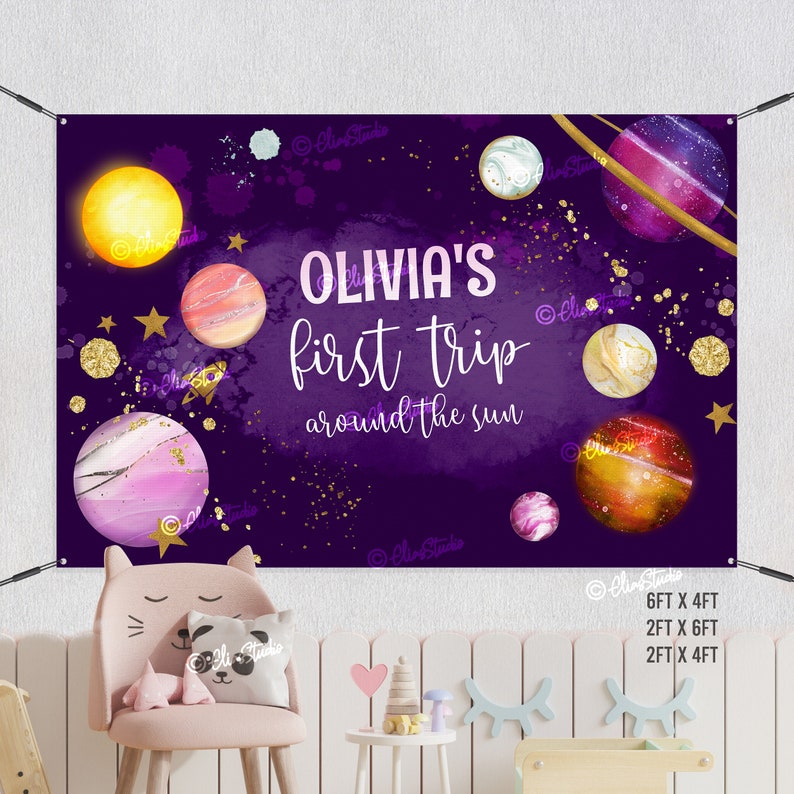 Editable Outer Space Backdrop Banner Personalized birthday banner First Trip Around the Sun Pink Gold Galaxy Girl Birthday