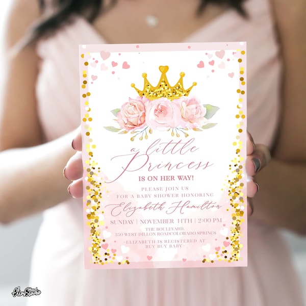 Editable Little Princess Baby Shower Invitation Template | Pink and Gold Little Princess Baby Shower Blush Pink Gold Glitter PR7