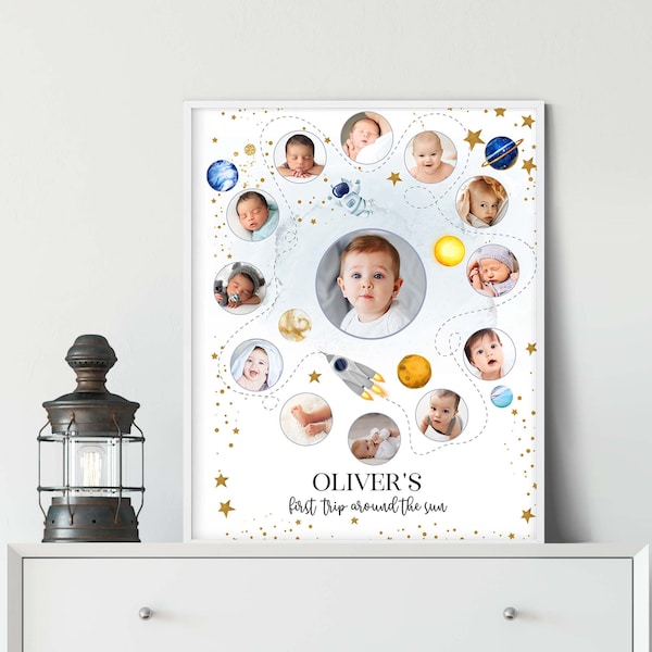 first Flight Around the Sun Printable Baby's First Year Photo Poster Template, Baby Milestone Board Photo Collage Instant Download SP390