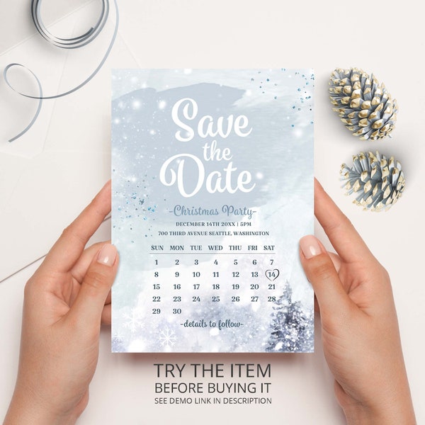 Christmas Save the Date Template Instant Download, Christmas Party Boho Winter Wonderland Save the Date Card Clear Save the Dates Corjl W176